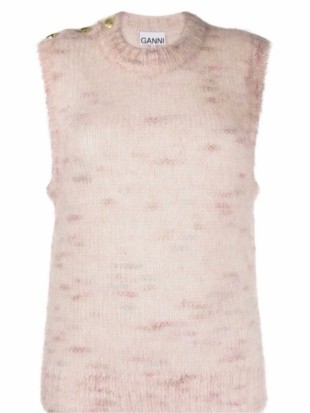 Ganni Pale Pink Mohair-Blend Sleeveless Knit Top with Gold Buttons - XS